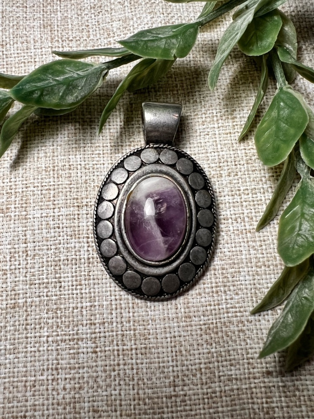 VINTAGE Silver Chunky Pendant with Boho Purple Amethyst Oval Stone